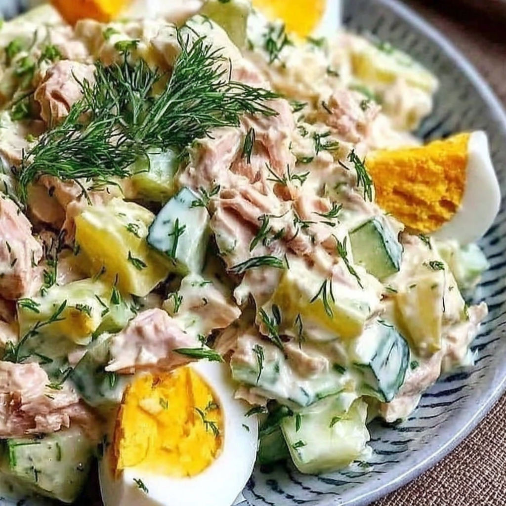 A plate of food with eggs, cucumbers, and fish.