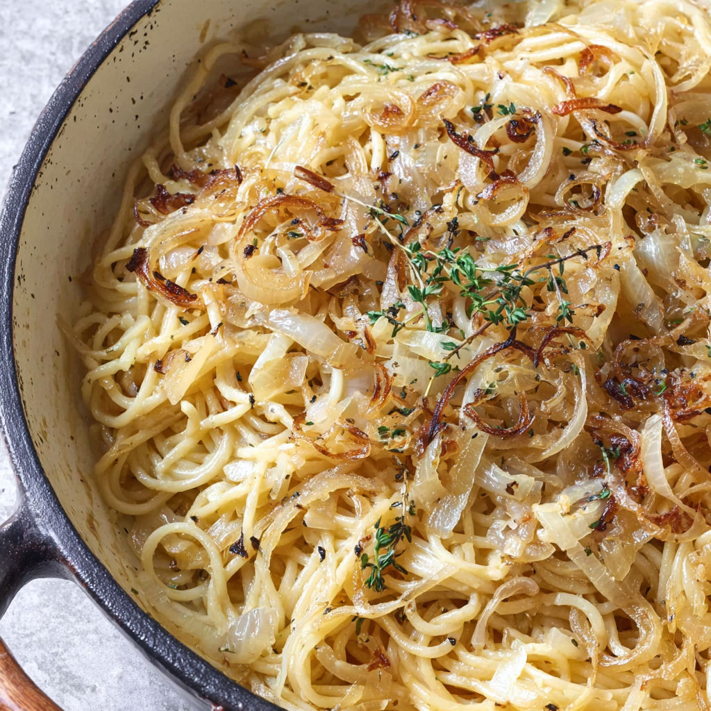 A bowl of pasta with onions and garlic.