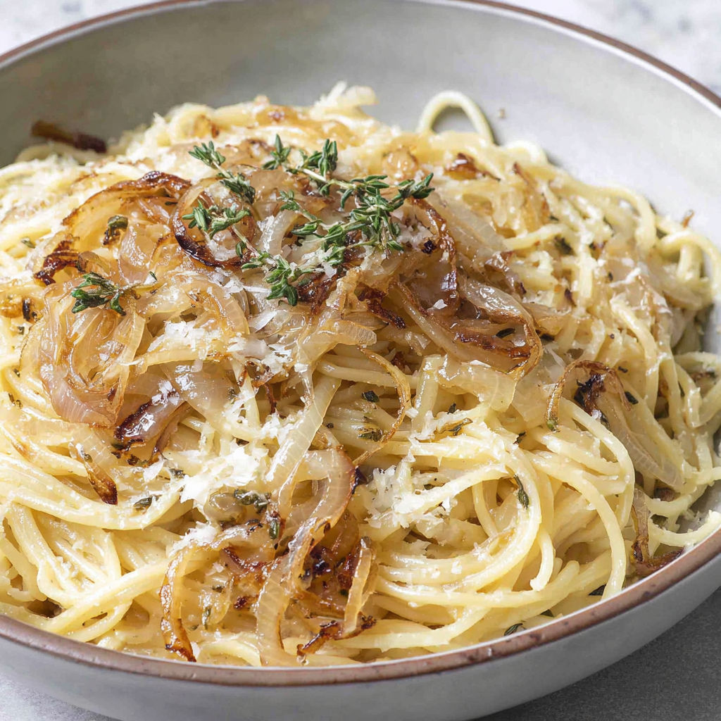 A bowl of pasta with onions and cheese.