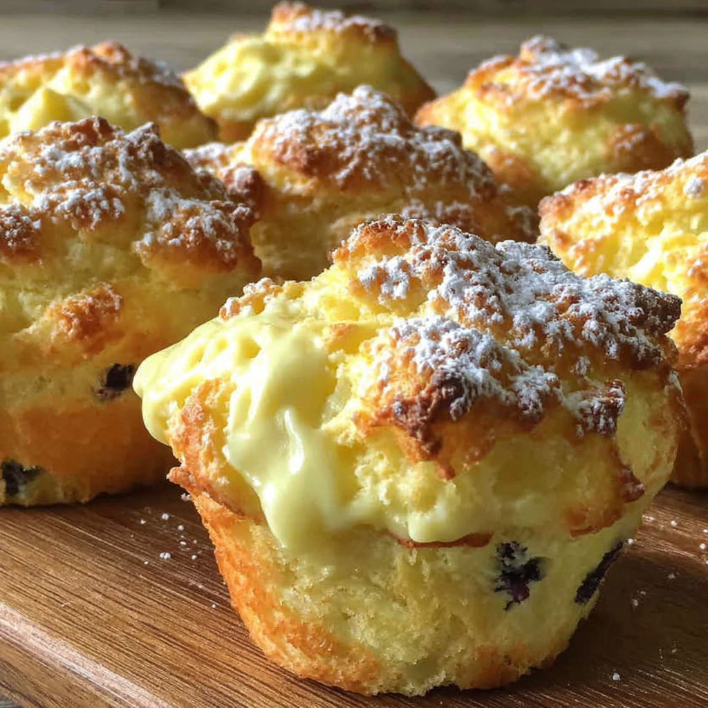 A plate of quark muffins with powdered sugar on top.