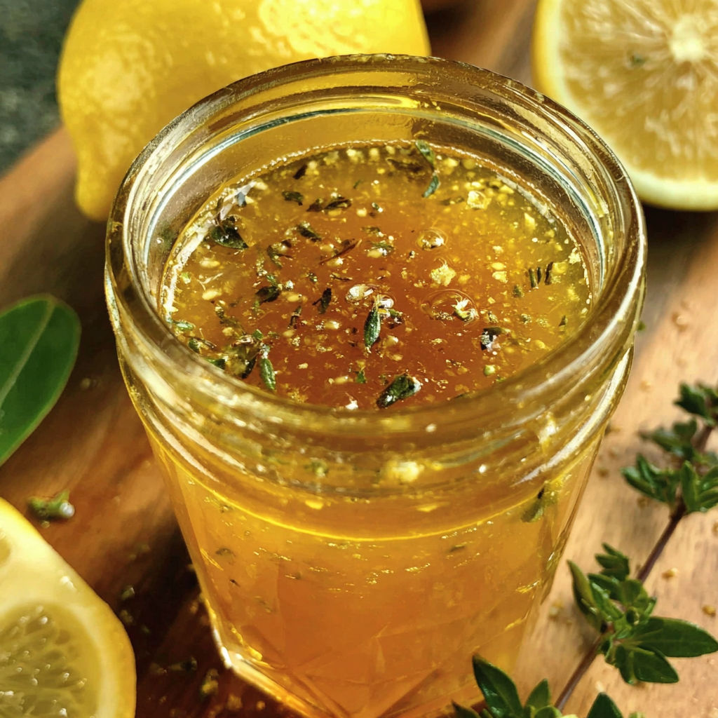 A jar of honey with lemon slices on top.