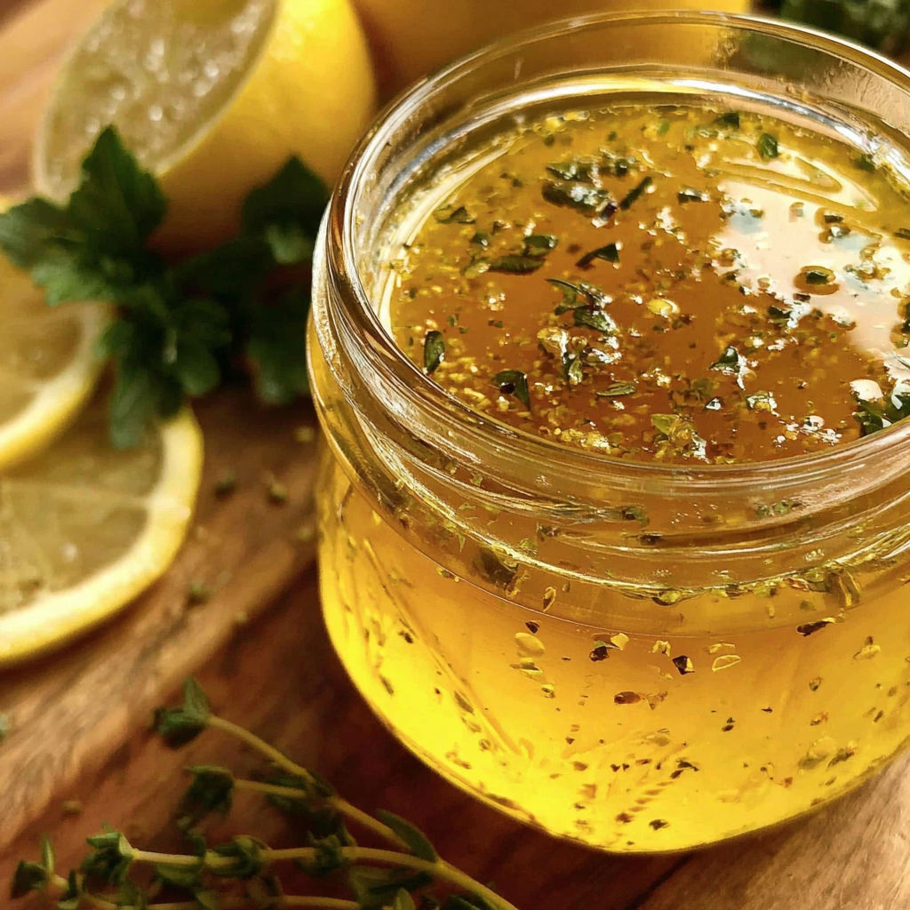 A jar of honey with lemon and parsley in it.