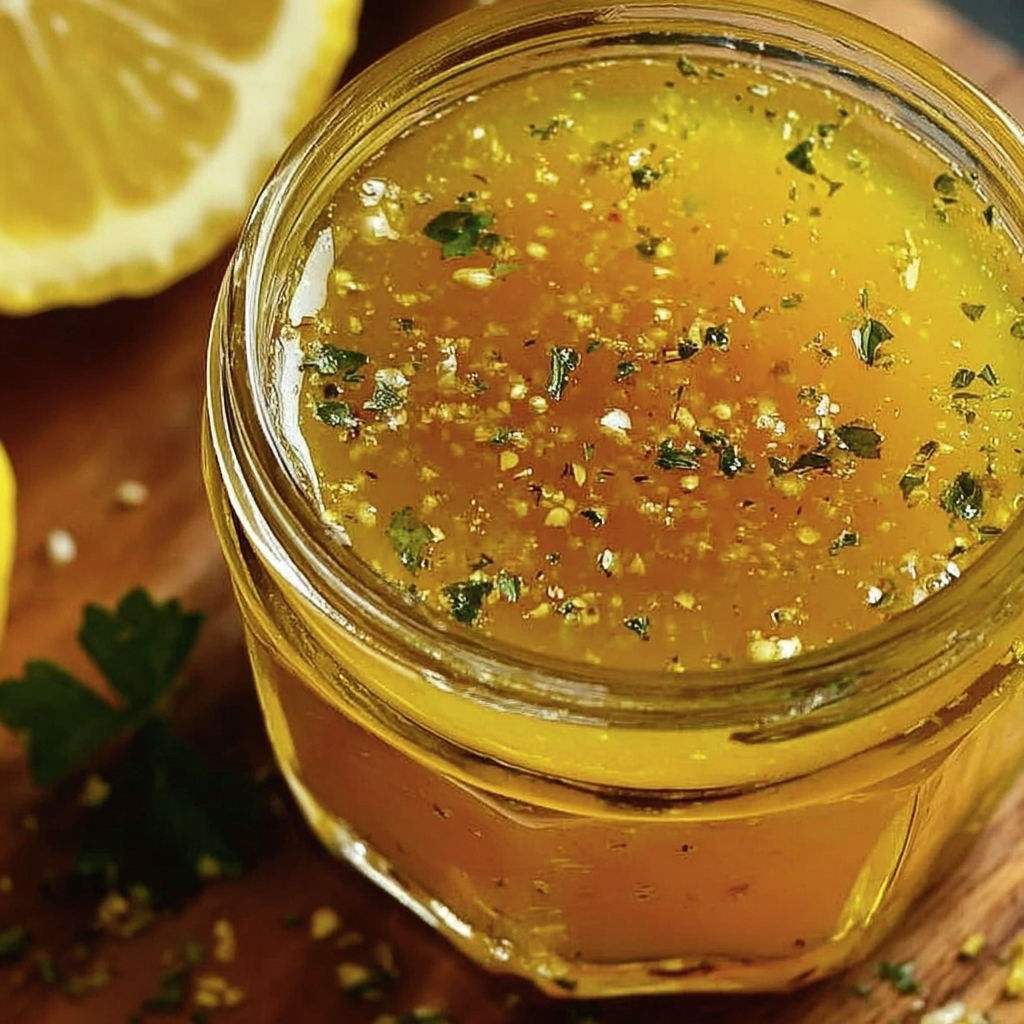 A jar of yellow sauce with lemon slices on top.
