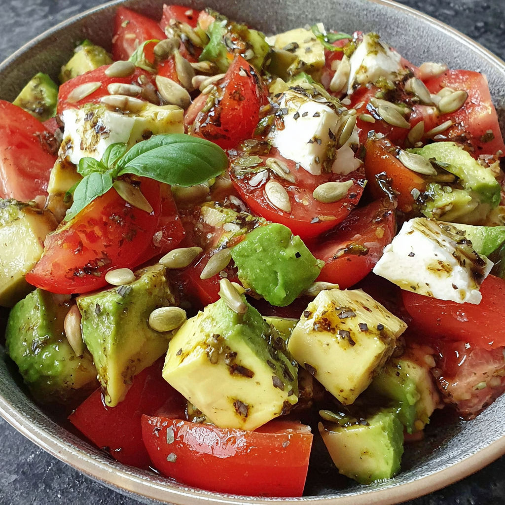 A bowl of avocado and tomato salad with feta cheese and a vinaigrette dressing.