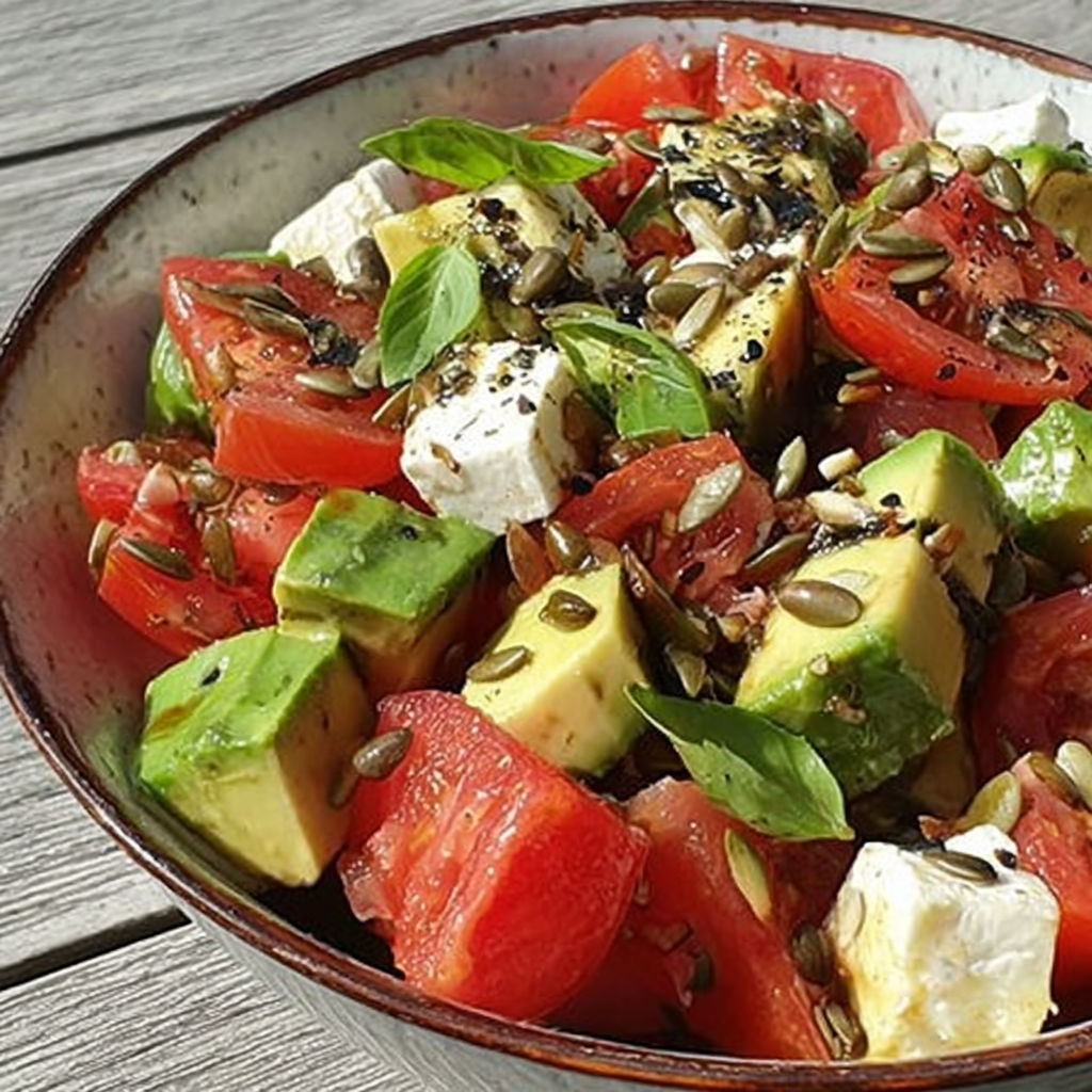 A bowl of avocado and tomato salad with feta and mustard dressing.
