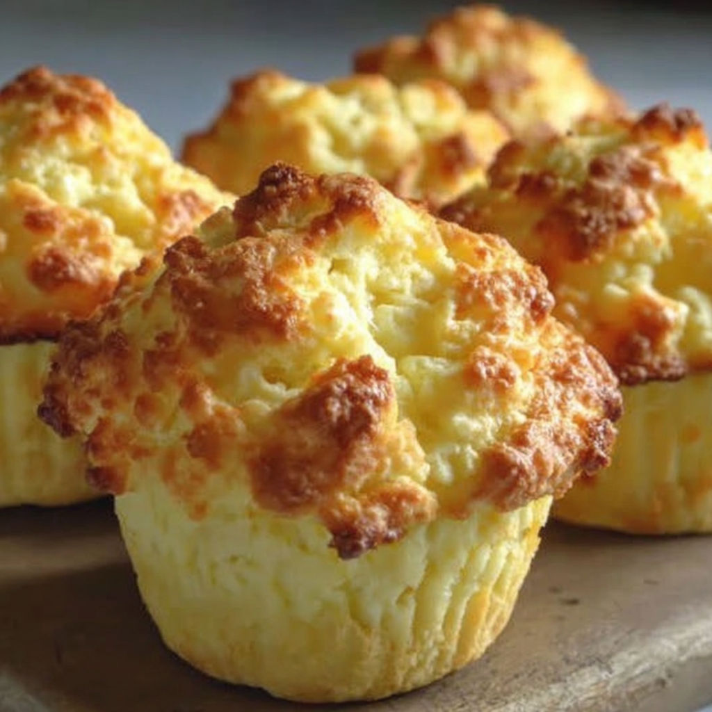 A plate of muffins with a yellow crust.