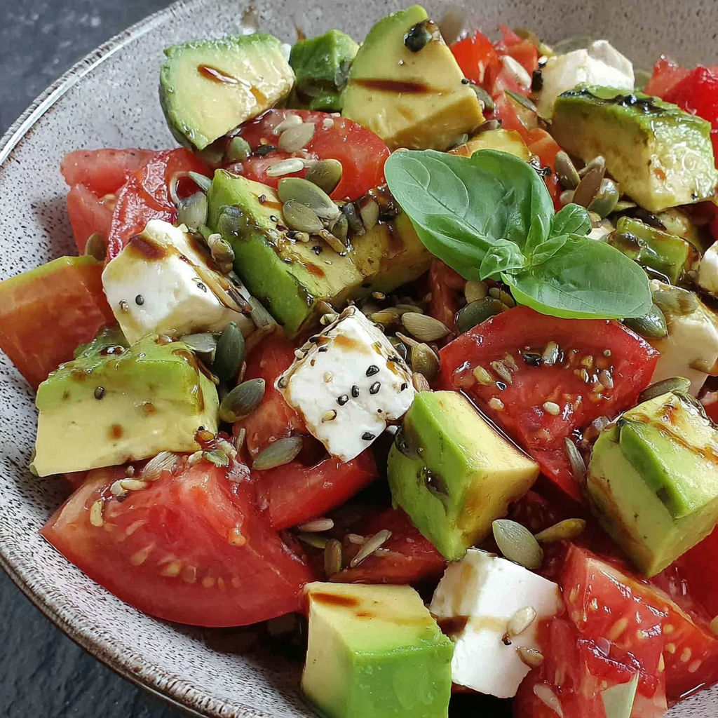 A bowl of avocado and tomato salad with feta and vinaigrette.