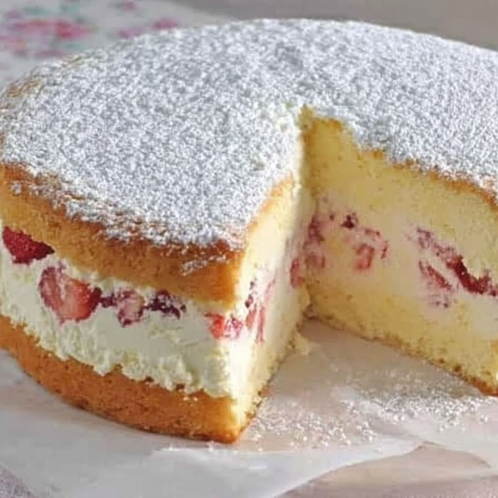 A slice of cake with white frosting and strawberries.