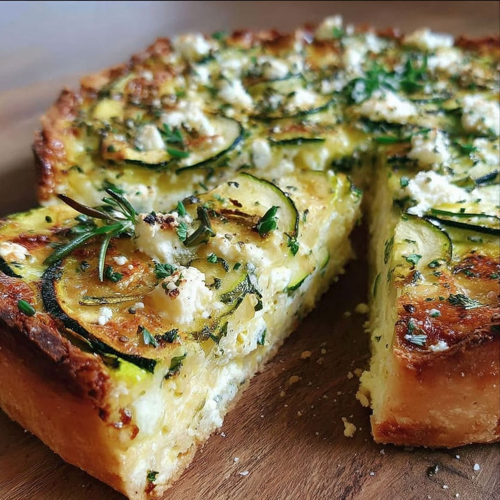 A slice of zucchini feta quiche with knoblauch and frischen krautern.