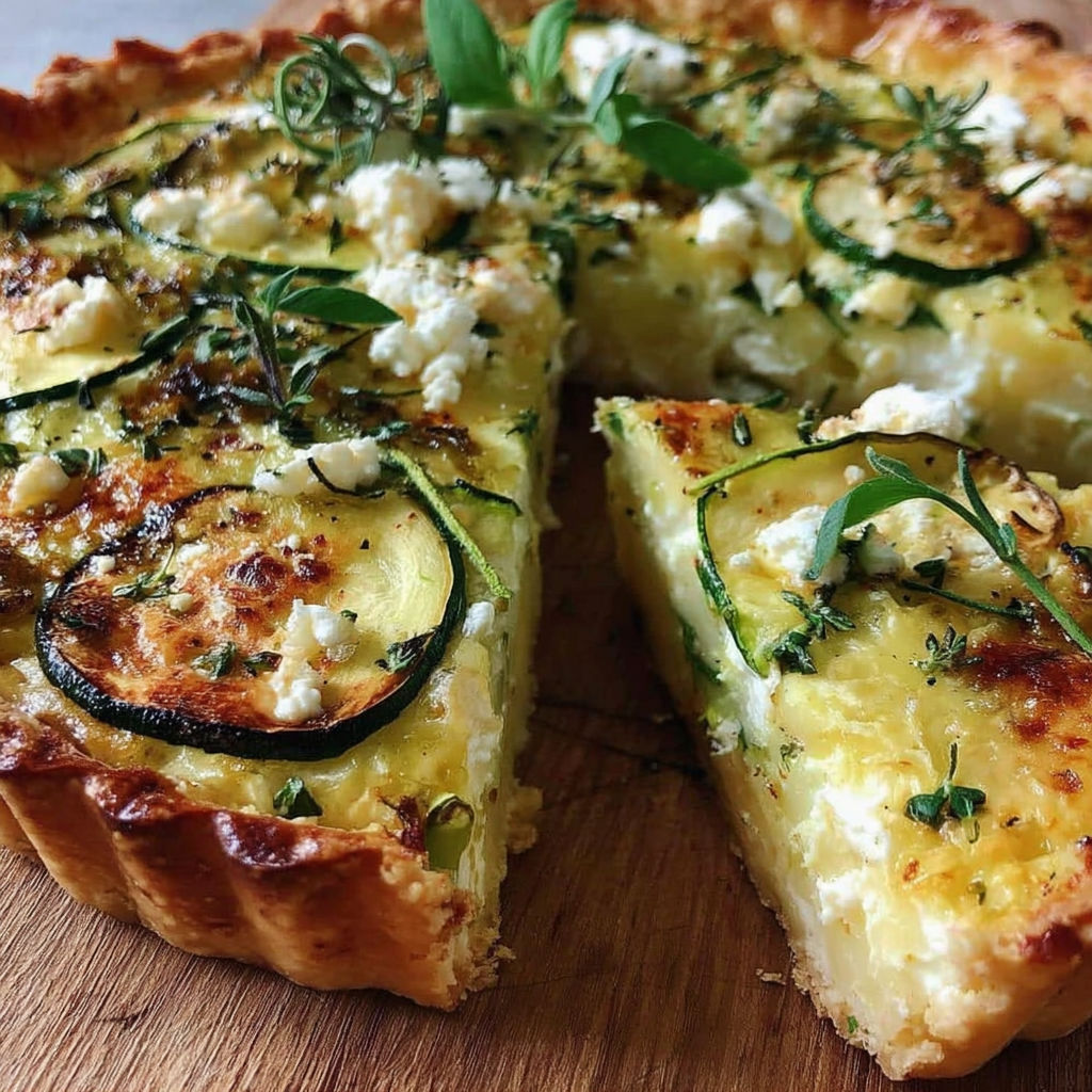 A slice of zucchini feta quiche with herbs.