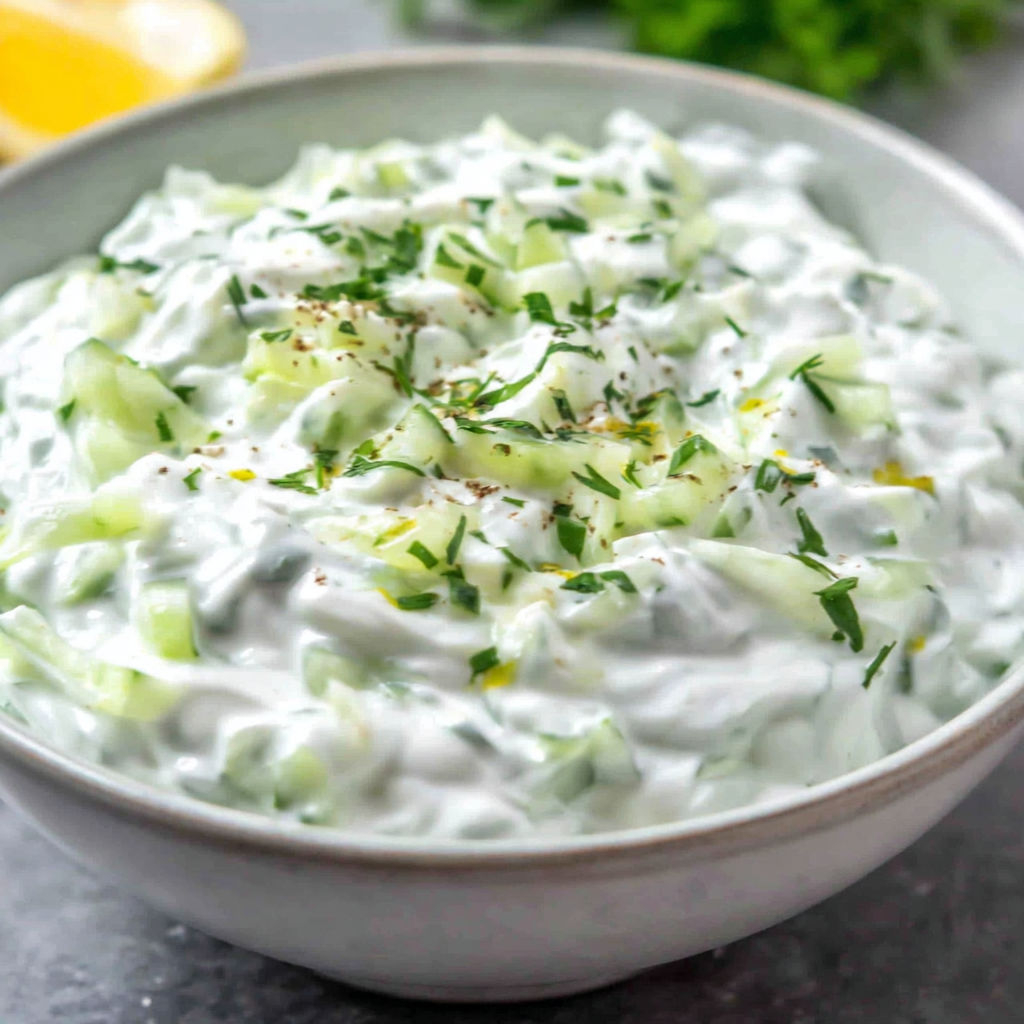 A bowl of cucumber salad with yogurt.