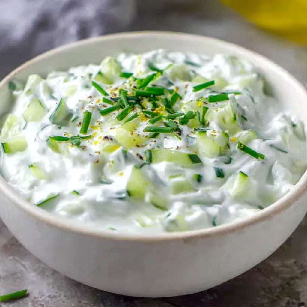 A bowl of tzatziki with cucumber and yogurt.