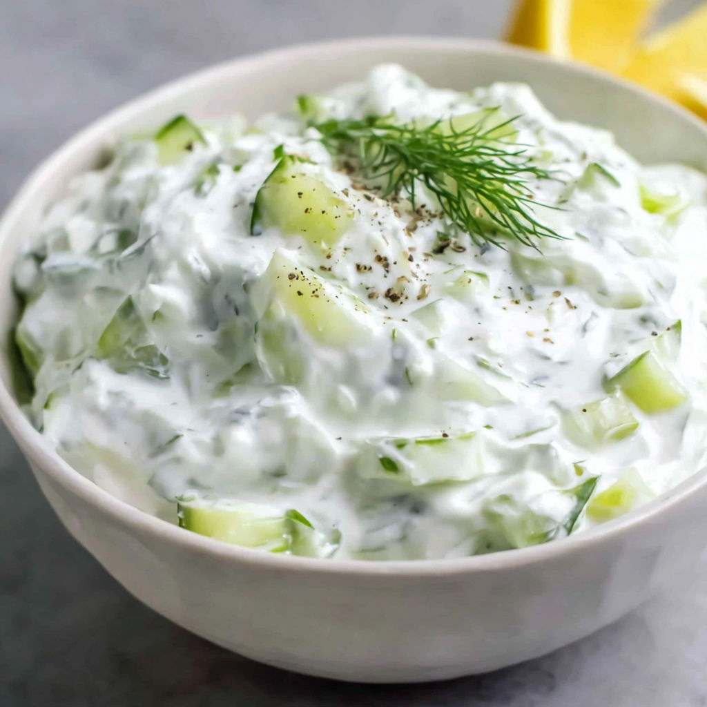 A bowl of tzatziki with cucumbers and yogurt.