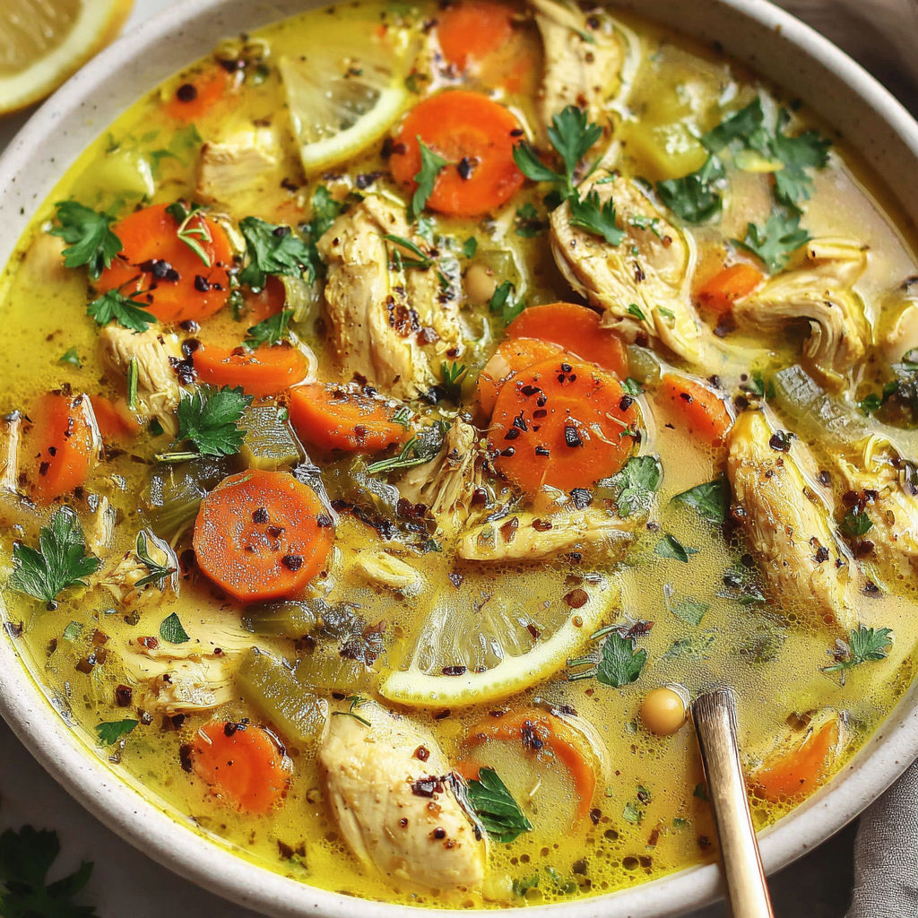 A bowl of soup with carrots and lemon.