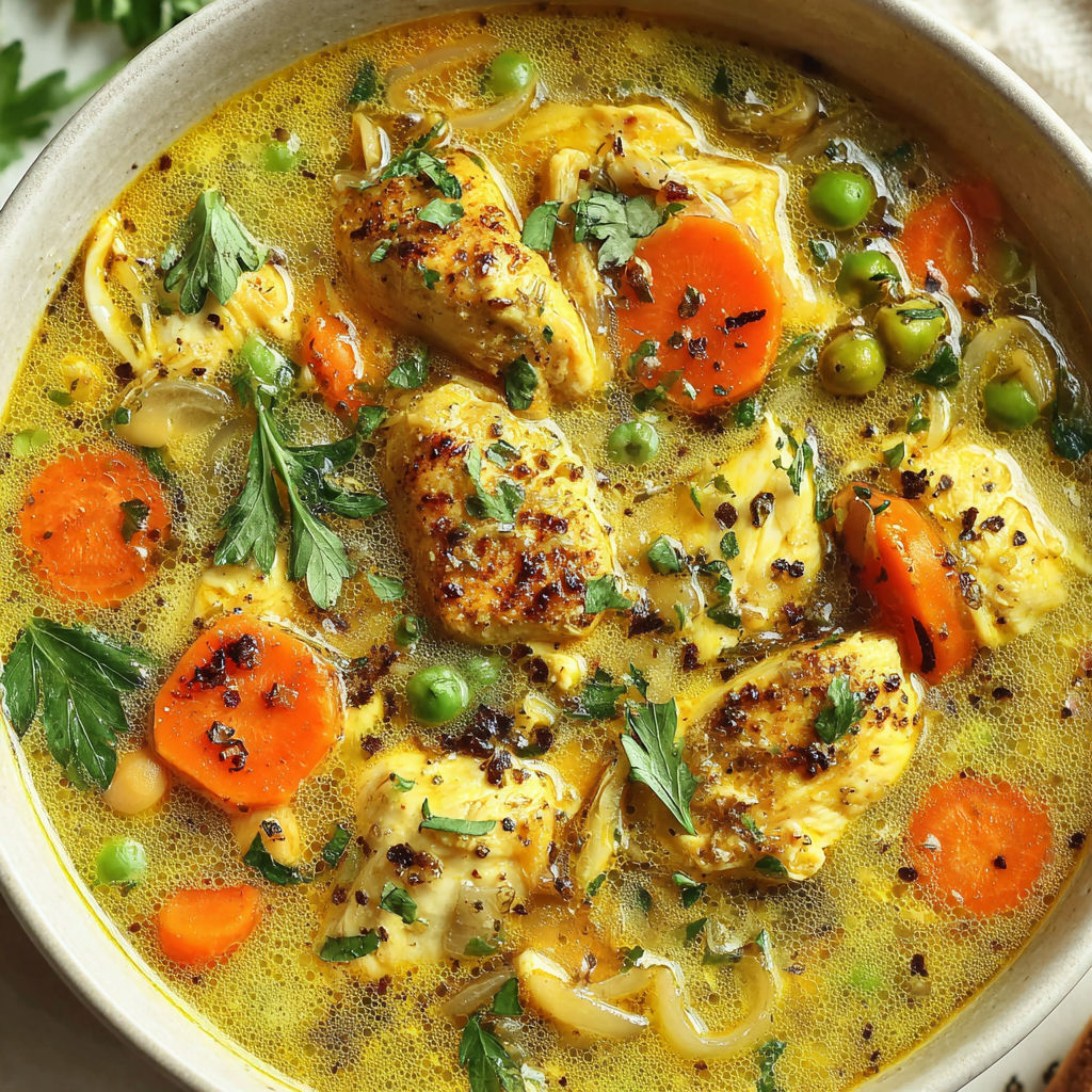 A bowl of soup with chicken, carrots, and peas.