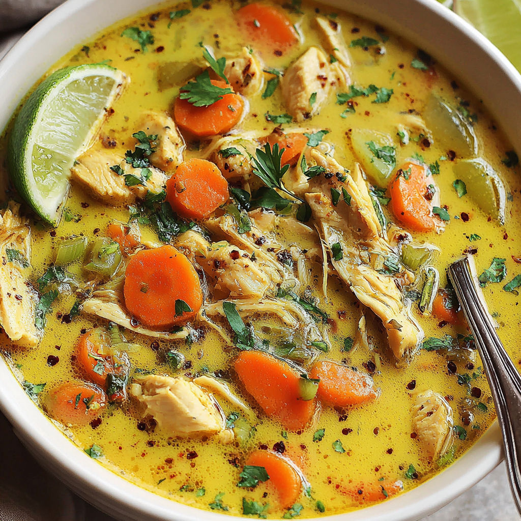 A bowl of soup with chicken, carrots and lime.