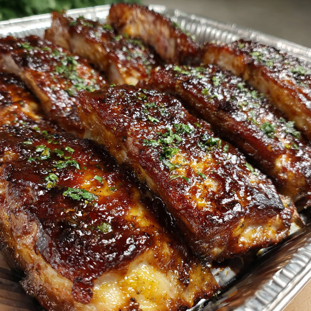 A tray of ribs with a sauce on top.