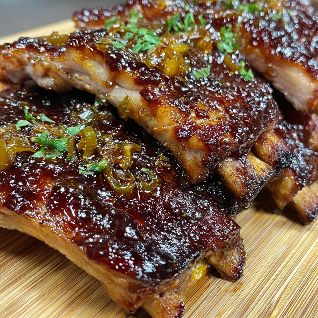 A close up of BBQ ribs on a wooden table.