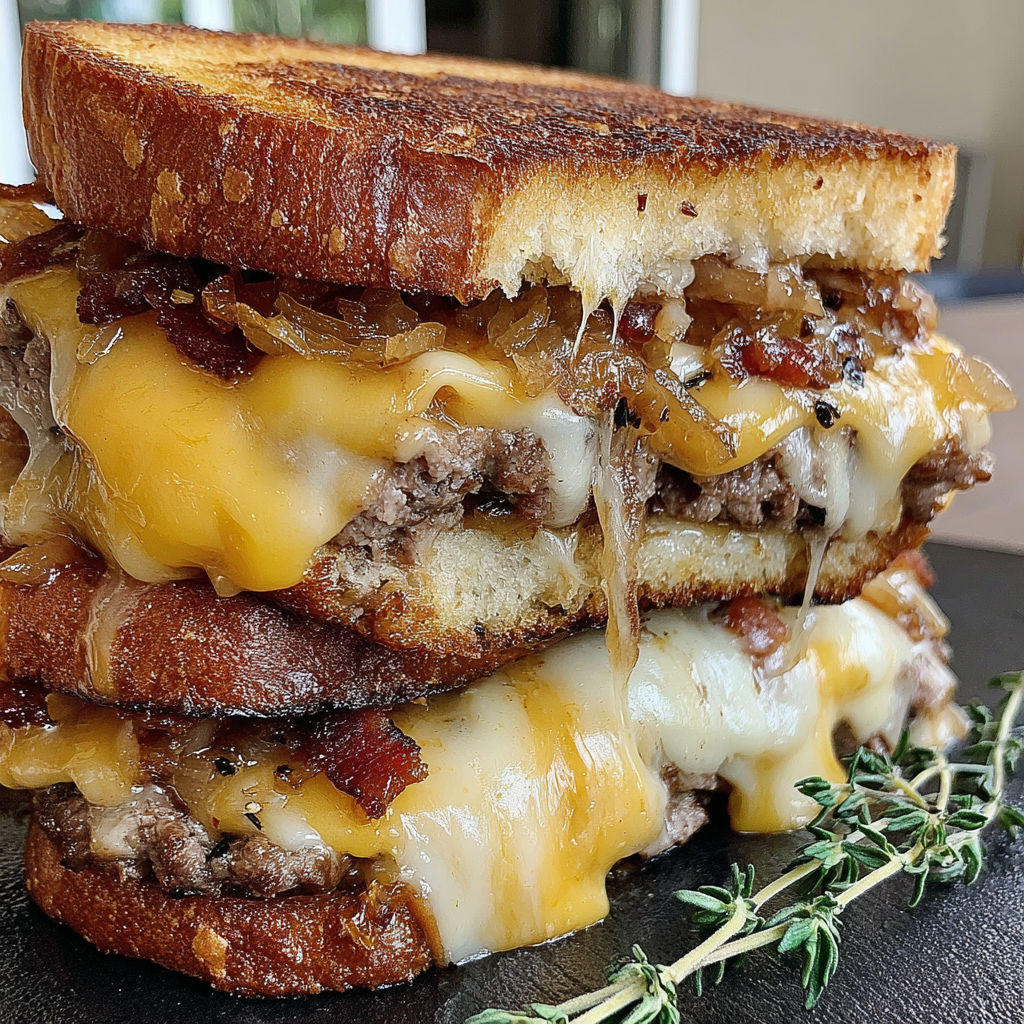 A stack of three sandwiches with cheese and bacon.