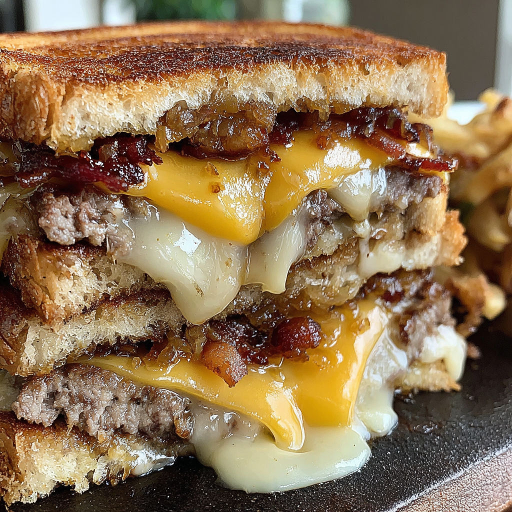 A sandwich with cheese and bacon on top.