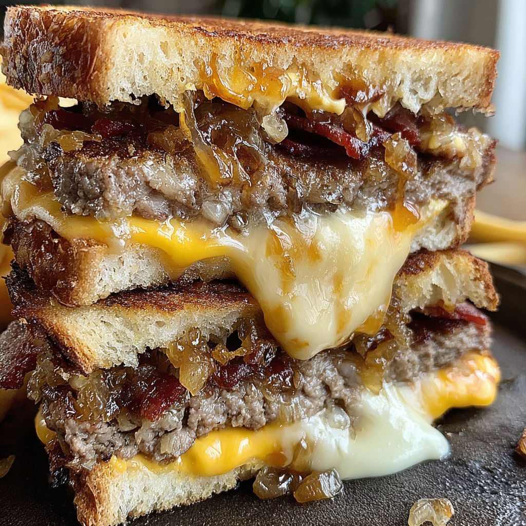 A stack of sandwiches with cheese and bacon.