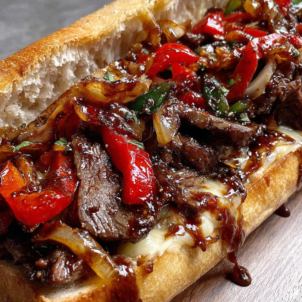 A close up of a cheesesteak with onions and peppers.