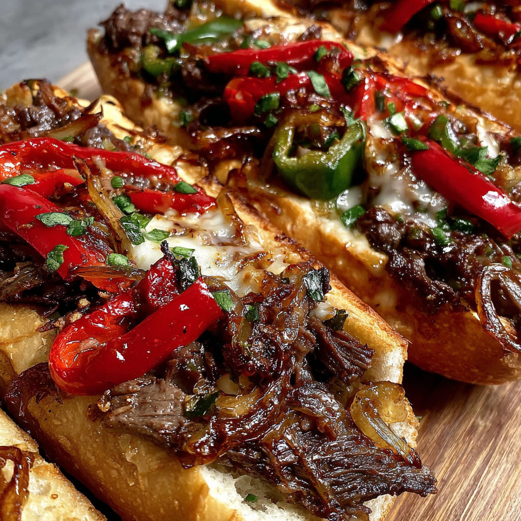 A close up of a sandwich with meat and peppers.
