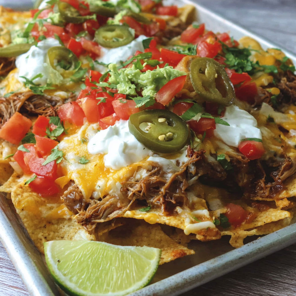 A loaded carnitas nacho with jalapenos and avocado.