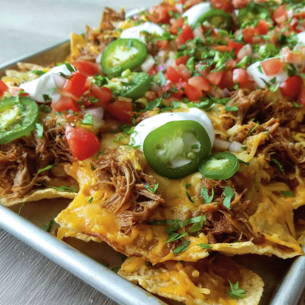 A tray of nachos with jalapenos and tomatoes.
