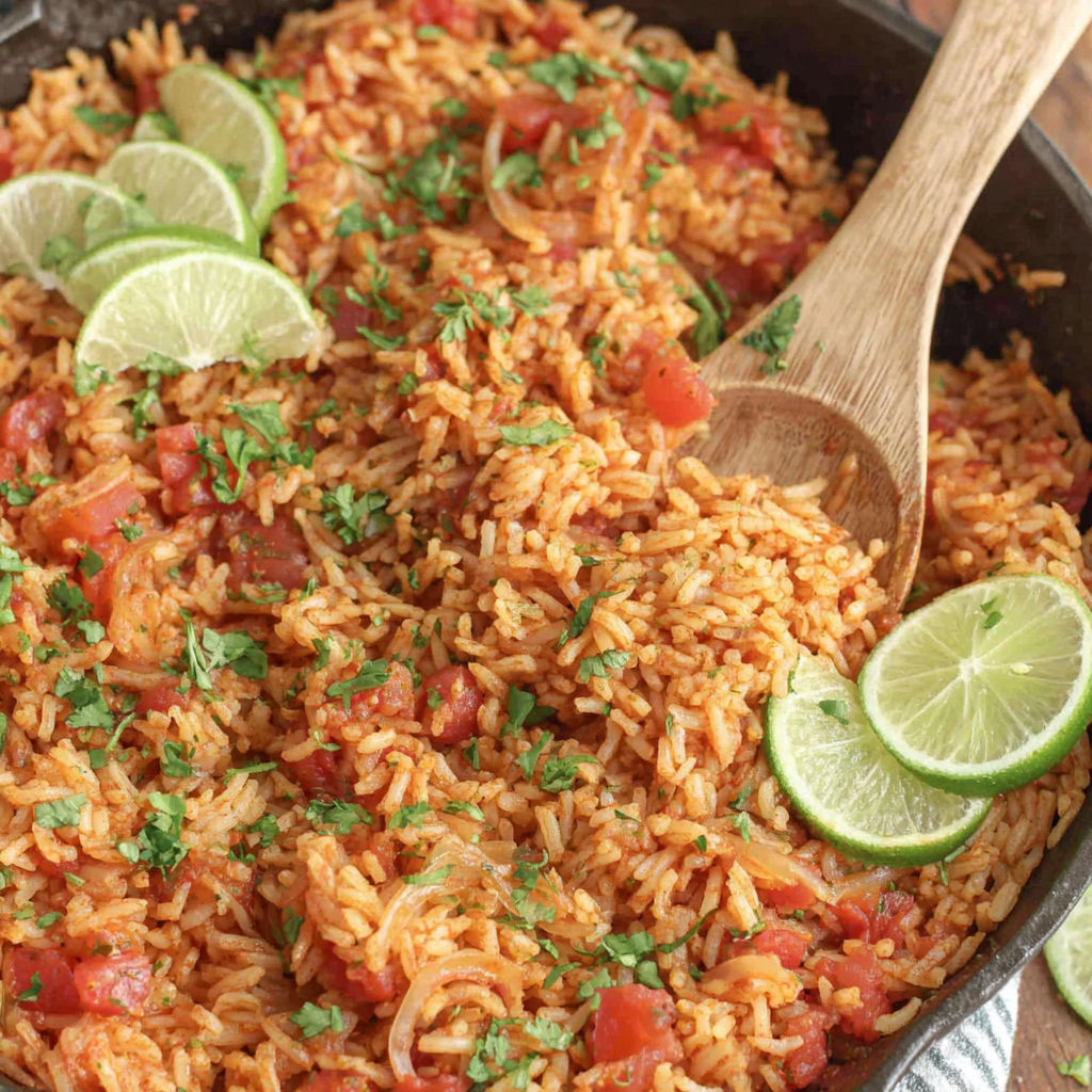 A bowl of Mexican rice with limes and tomatoes.