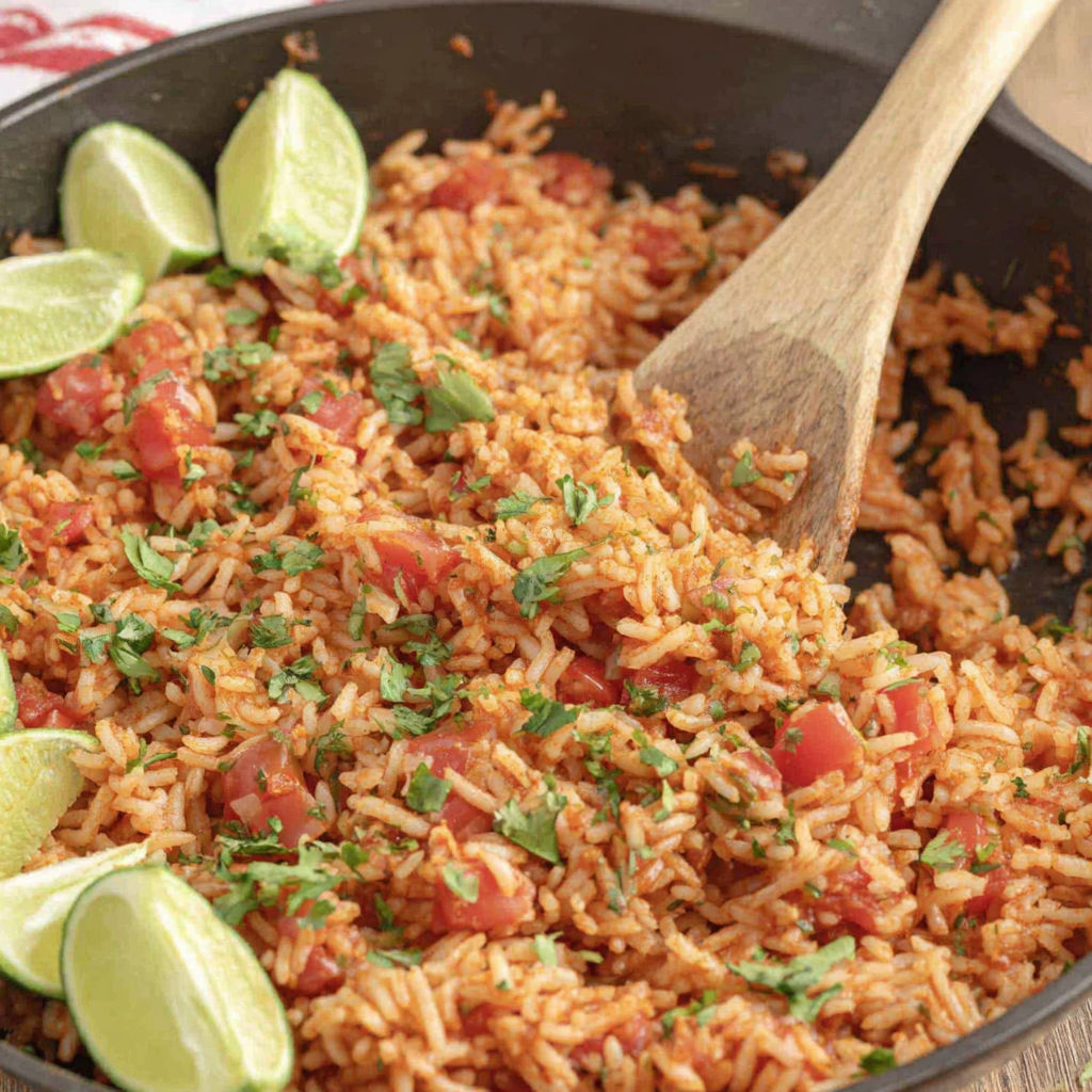A bowl of rice with tomatoes, limes, and other vegetables.