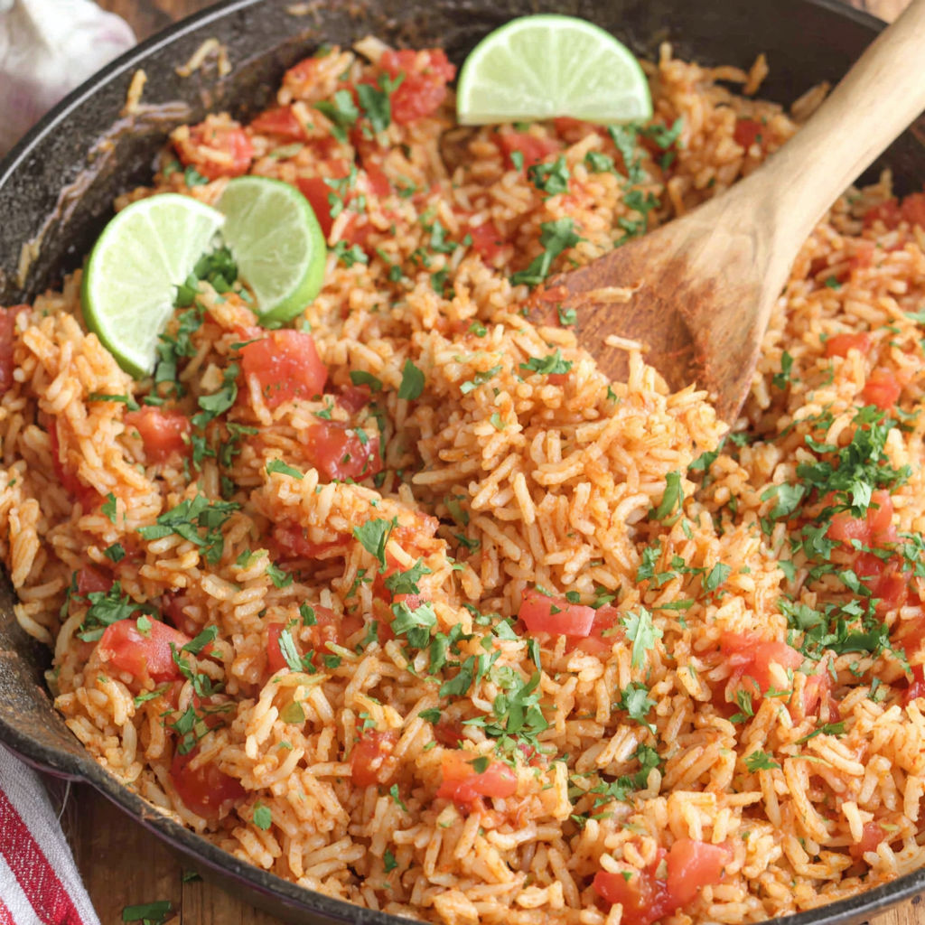 A delicious Mexican rice dish with tomatoes, limes, and rice.