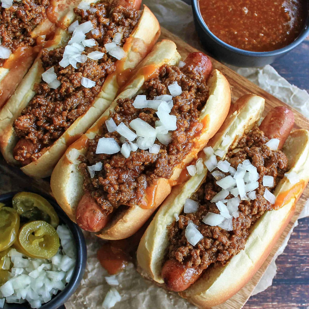 Two hot dogs with chili on a wooden board.