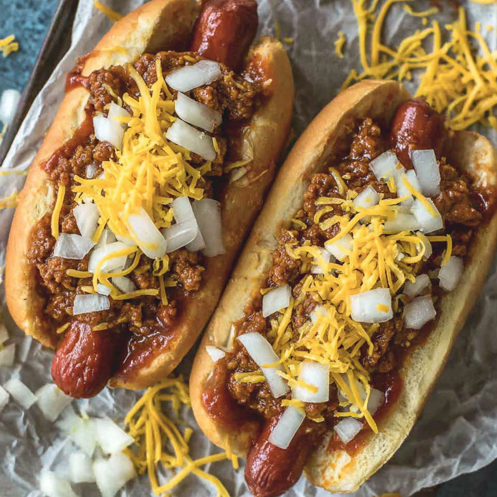 Two chili dogs with onions on a bun.