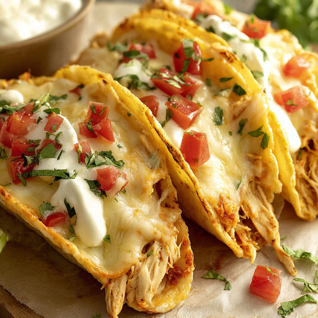 Two cheesy baked chicken tacos on a plate.