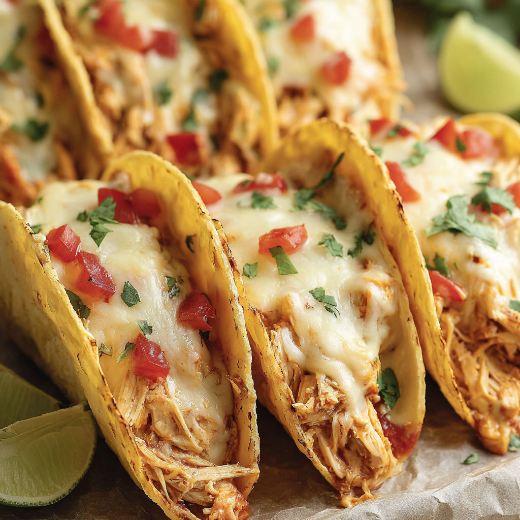 A stack of three tacos with meat and tomatoes.