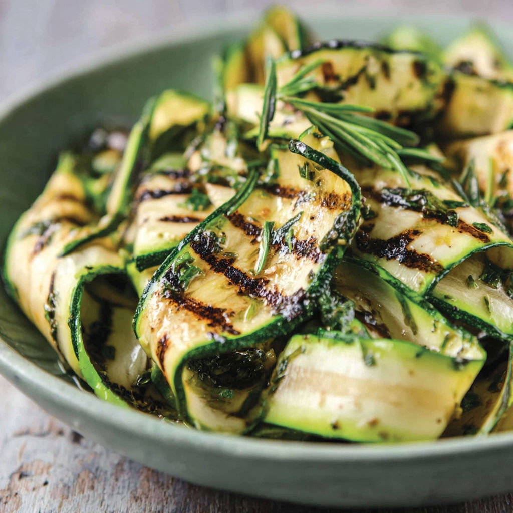 A bowl of grilled zucchini with herbs and olive oil.