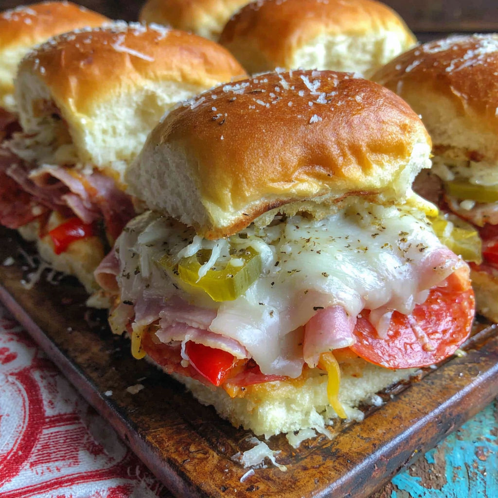 A close up of a sandwich with meat, cheese, and peppers.