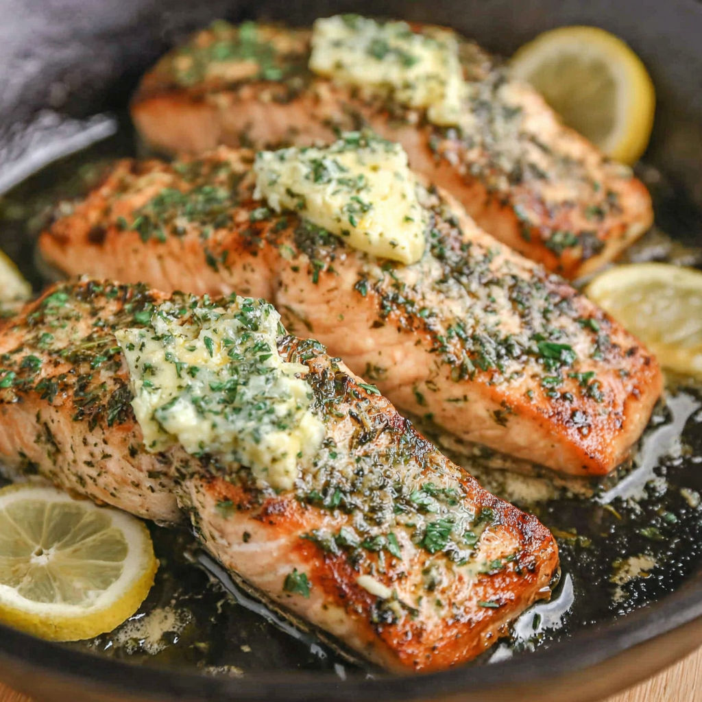 A dish of grilled salmon with herbs and lemon.