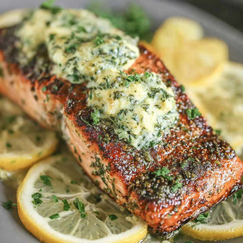 A grilled salmon with herbs and lemon wedges on top.