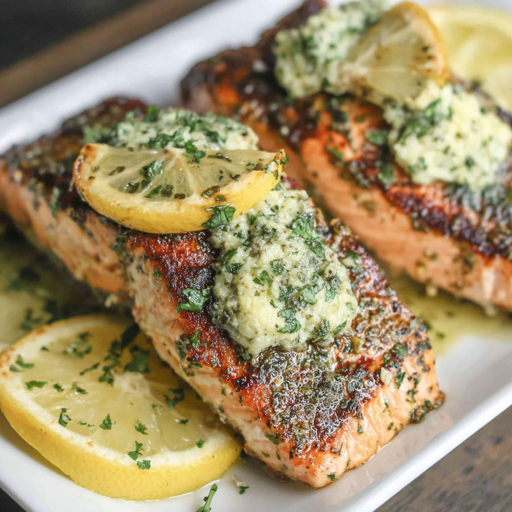 Grilled salmon with lemon and herbs.