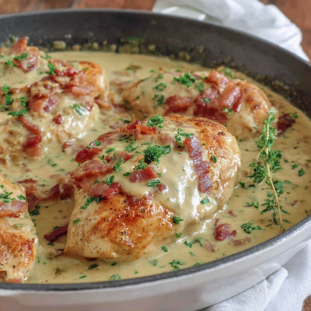 A pan of chicken covered in a creamy sauce.