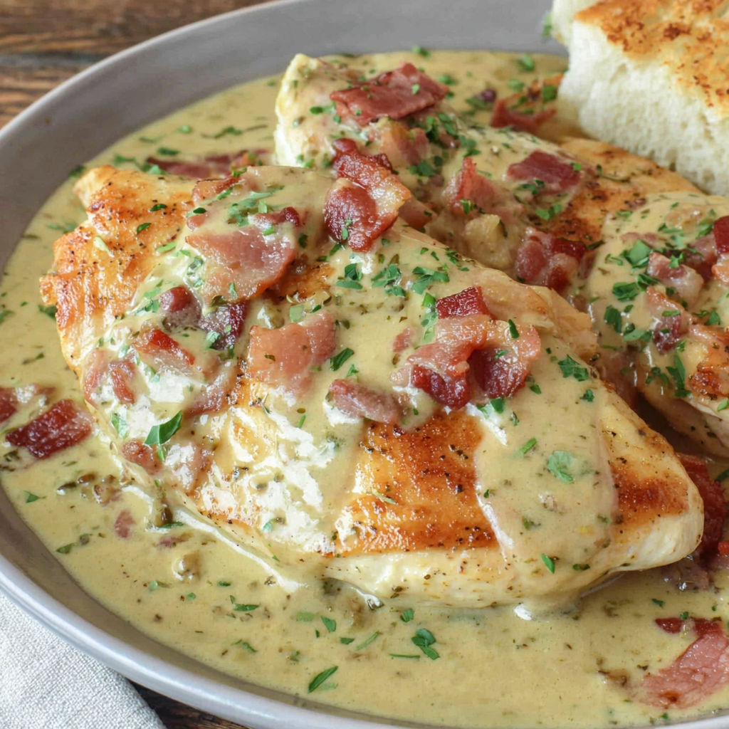 A plate of chicken covered in a creamy sauce.
