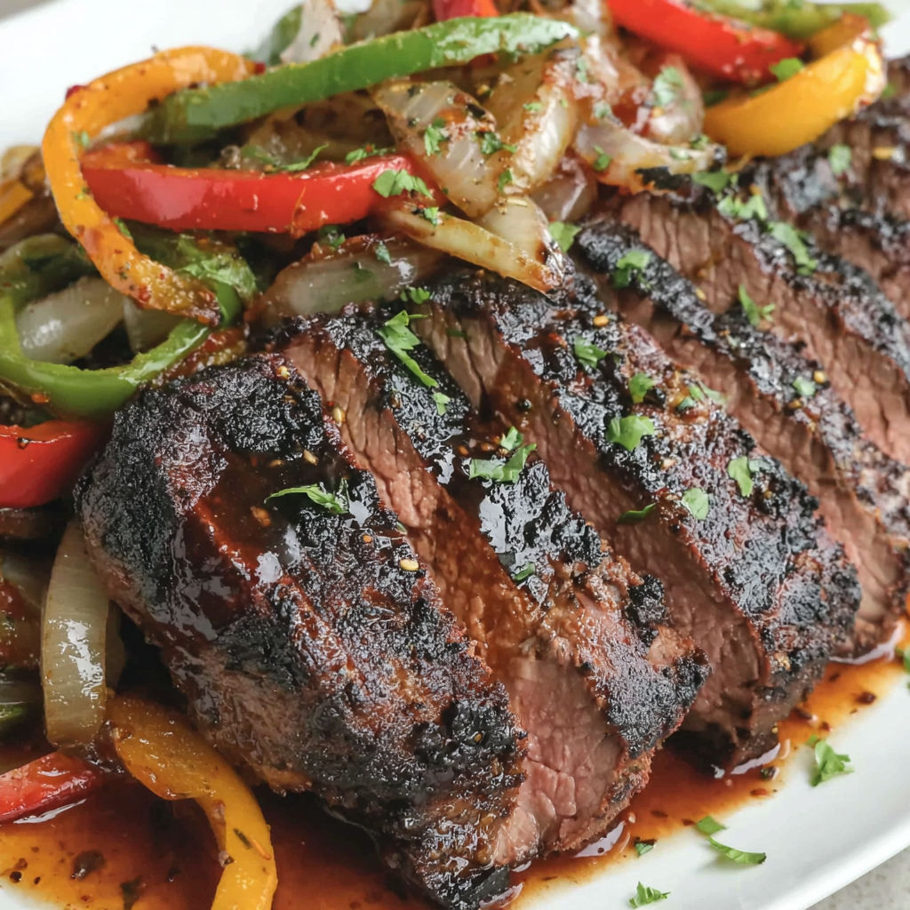 Grilled tri tip with onions and peppers.