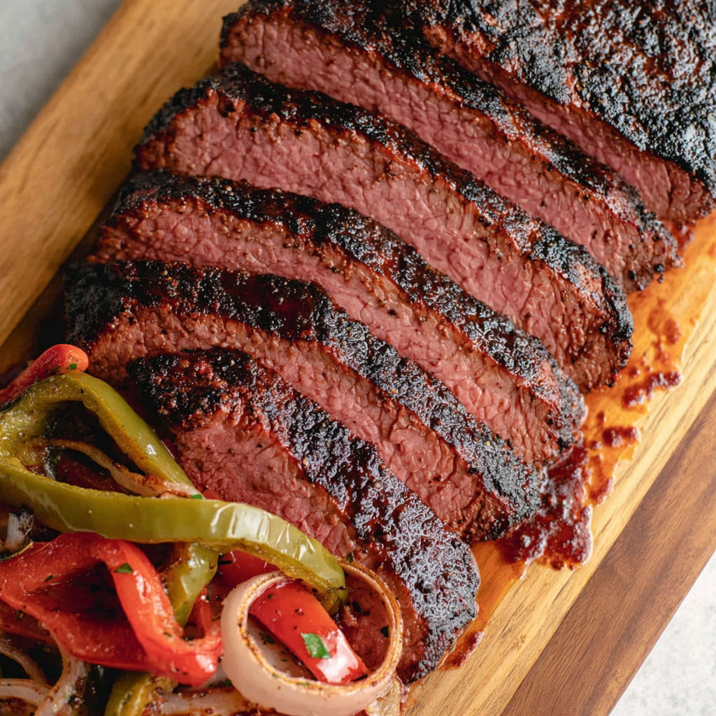 A grilled tri tip steak with onions and peppers.