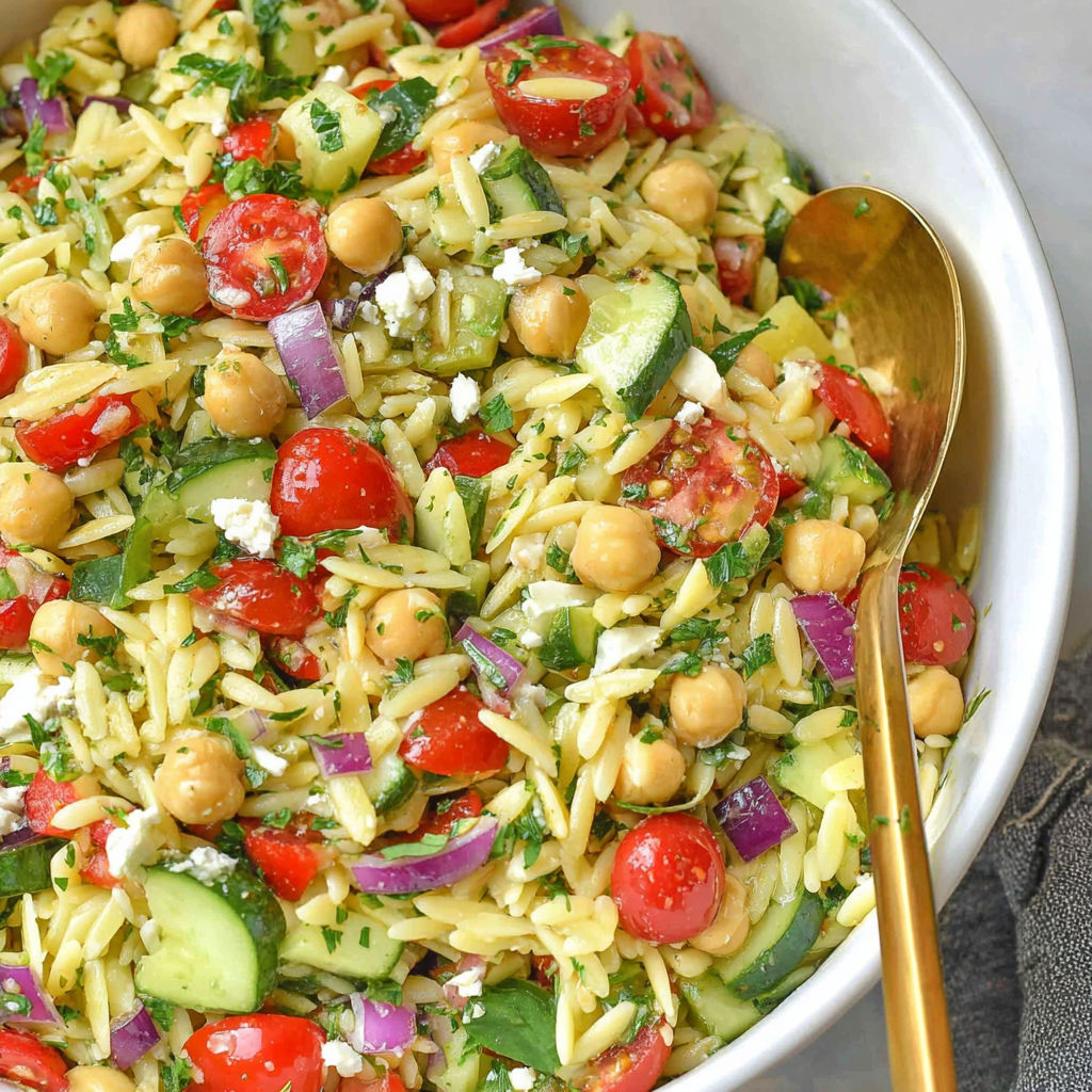 A bowl of chickpea orzo salad.