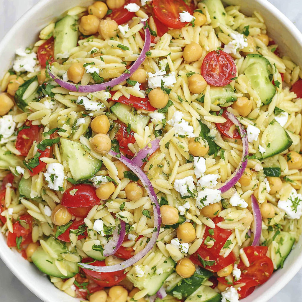 A bowl of chickpea orzo salad.