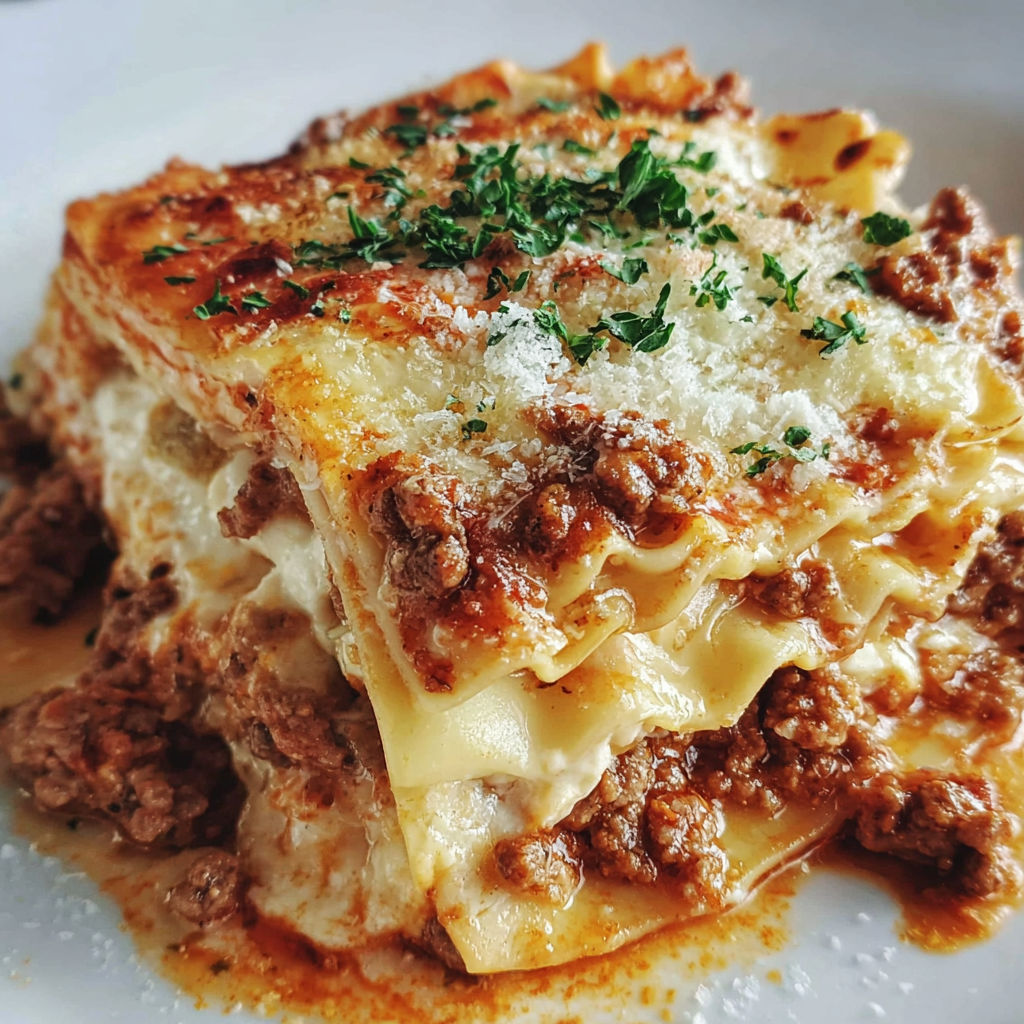A close up of a lasagna dish with meat and cheese.