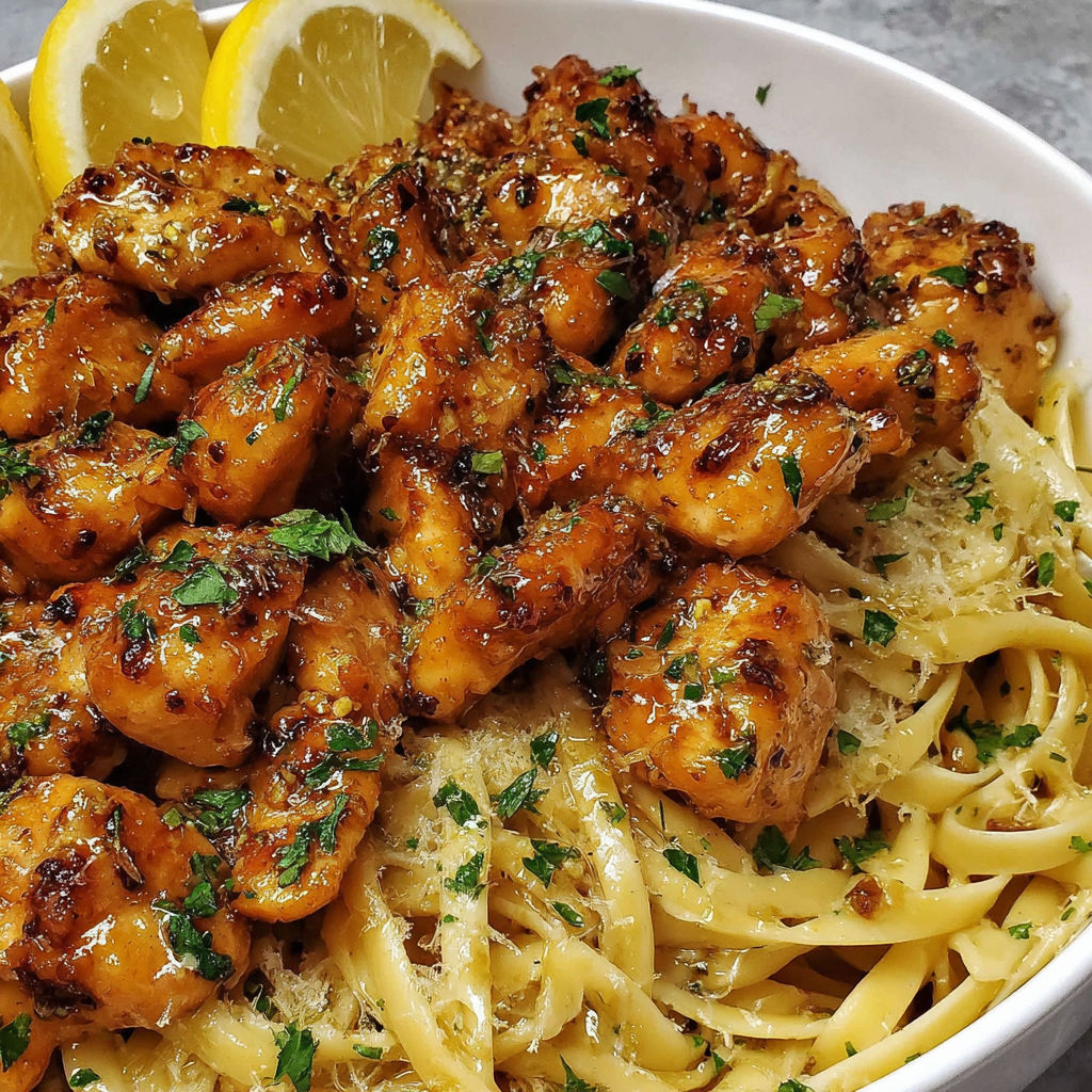 A bowl of chicken with lemon, garlic, and butter.