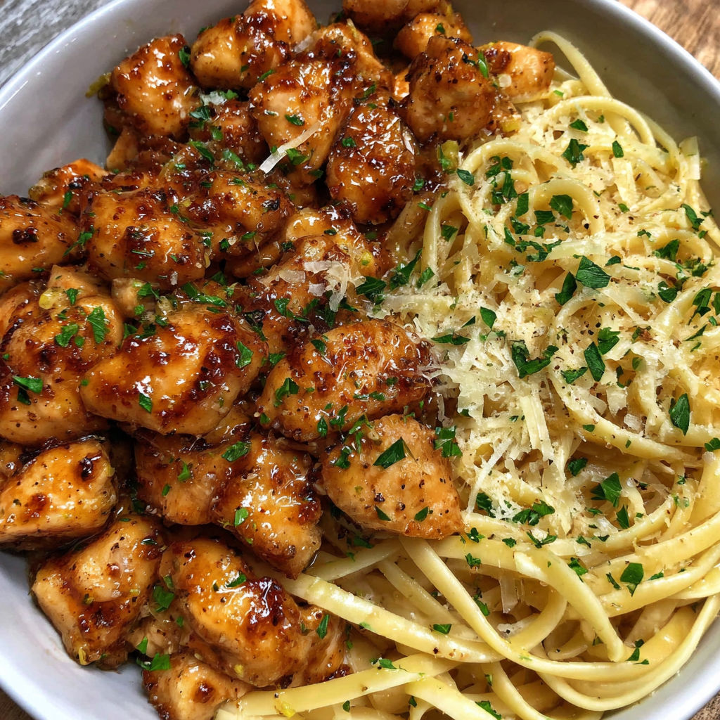 A bowl of chicken and pasta.